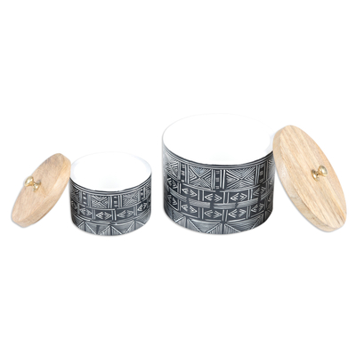 Cajas decorativas de madera, 'Secretos de Bohemia' (juego de 2) - Set de 2 Cajas Decorativas Geométricas en Blanco y Negro Hechas a Mano