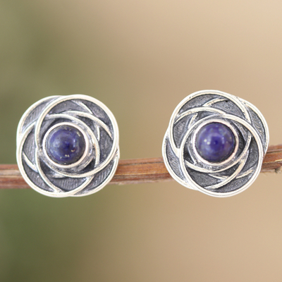 Pendientes botón lapislázuli - Aretes de botón de inspiración floral con cabujones de lapislázuli