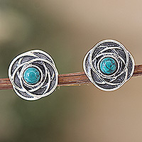 Pendientes de botón de plata de ley, 'Flourishing Freshness' - Pendientes de botón de inspiración floral con piedras turquesas Recon