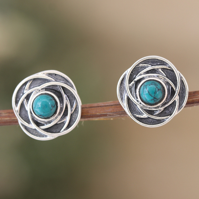 Sterling silver button earrings, 'Flourishing Freshness' - Floral-Inspired Button Earrings with Recon Turquoise Stones