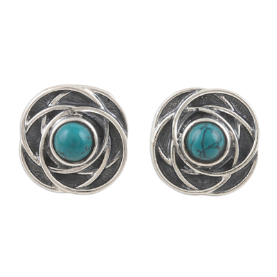 Sterling silver button earrings, 'Flourishing Freshness' - Floral-Inspired Button Earrings with Recon Turquoise Stones
