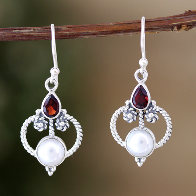 Cultured pearl and garnet dangle earrings, 'Crimson Mansion' - Sterling Silver Dangle Earrings with Pearls and Garnet Gems