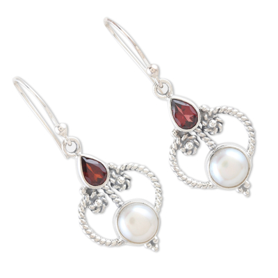 Cultured pearl and garnet dangle earrings, 'Crimson Mansion' - Sterling Silver Dangle Earrings with Pearls and Garnet Gems