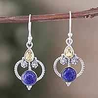 Pendientes colgantes de lapislázuli y citrino, 'Royal Mansion' - Pendientes colgantes pulidos con gemas de lapislázuli y citrino