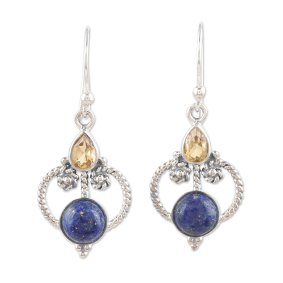 Polished Dangle Earrings with Lapis Lazuli and Citrine Gems
