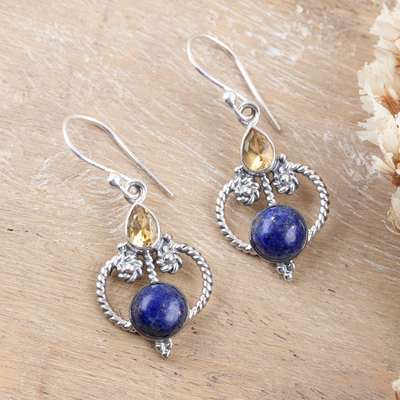 Pendientes colgantes de lapislázuli y citrino - Pendientes colgantes pulidos con gemas de lapislázuli y citrino