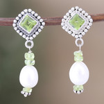 Peridot and cultured pearl beaded dangle earrings, 'Fortune Gems' - Cultured Pearl and Peridot Beaded Dangle Earrings from India