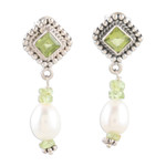 Peridot and cultured pearl beaded dangle earrings, 'Fortune Gems' - Cultured Pearl and Peridot Beaded Dangle Earrings from India