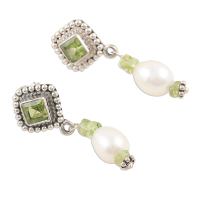 Peridot and cultured pearl beaded dangle earrings, 'Fortune Gems' - Cultured Pearl and Peridot Beaded Dangle Earrings from India