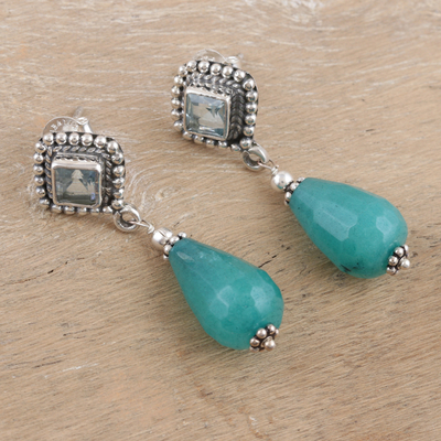 Blue topaz and agate dangle earrings, 'Royal Loyalty' - 1-Carat Blue Topaz and Agate Dangle Earrings from India