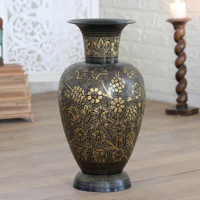 Traditional Floral Brass Vase Crafted by Indian Artisans - Palatial Garden