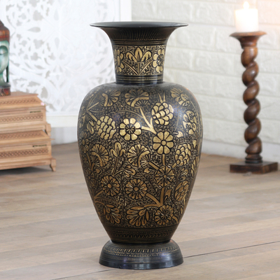 Brass vase, 'Palatial Garden' - Traditional Floral Brass Vase Crafted by Indian Artisans