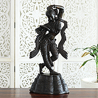 Brass sculpture, 'Lady with Mirror' - Antiqued Finished Brass Sculpture of a Woman Dancing