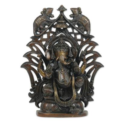 Antiqued Finished Brass Sculpture of a Ganesha and Mice
