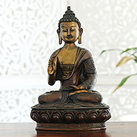 Escultura de latón, 'La serenidad del maestro' - Escultura de latón con acabado envejecido de un Buda tradicional