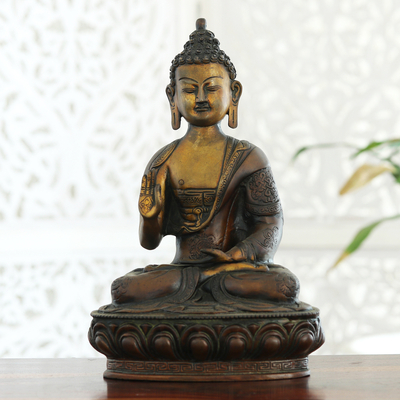 Escultura de latón, 'La serenidad del maestro' - Escultura de latón con acabado antiguo de un Buda tradicional