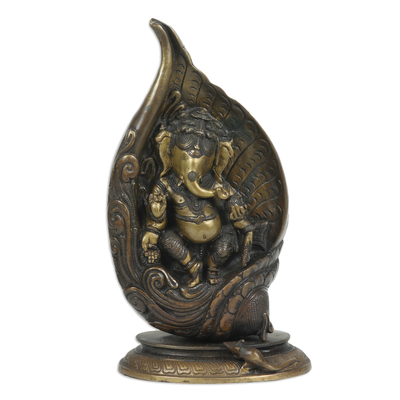 Antique Finished Brass Sculpture of Ganesha in a Lotus Petal