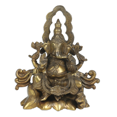 Traditional Antiqued Finished Brass Sculpture of Ganesha