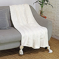 Cotton throw, 'Divine Appeal' - Vanilla and Snow White Cotton Throw with Dangling Tassels