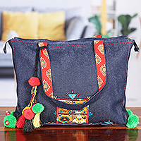 Embroidered denim shoulder bag, 'Morning Greetings' - Rayon-Embroidered Denim Shoulder Bag with Colorful Pompoms