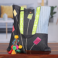 Denim tote bag, 'Festive Bouquet' - Patchwork-Accented Denim Tote Bag with Colorful Pompoms