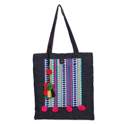 Embroidered Denim Tote Bag with Colorful Pompoms and Beads