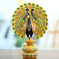 Wood sculpture, 'Paradisiacal Peacock' - Handcrafted Golden Kadam Wood Peacock Sculpture from India