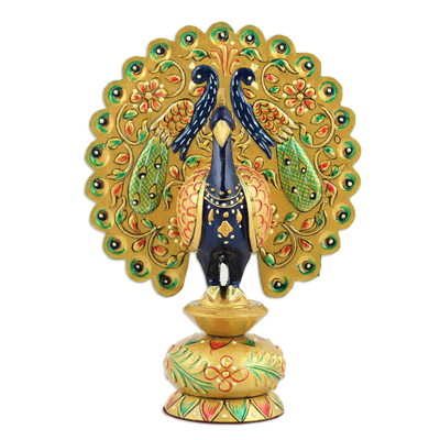 Escultura de madera - Escultura de pavo real de madera dorada de Kadam hecha a mano de la India