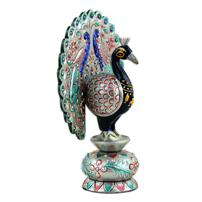 Wood sculpture, 'Celestial Peacock' - Handcrafted Silver Kadam Wood Peacock Sculpture from India