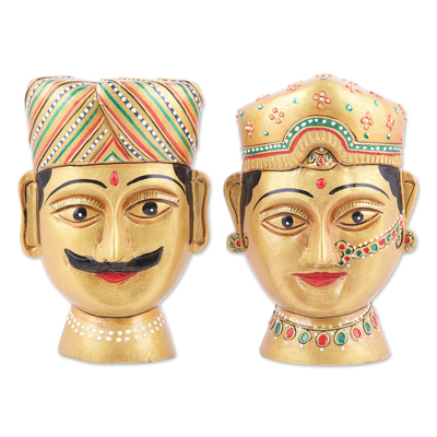 Wood magnets, 'Couple from Rajasthan I' (set of 2) - Set of 2 Classic Hand-Painted Kadam Wood Magnets