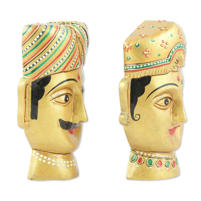 Wood magnets, 'Couple from Rajasthan I' (set of 2) - Set of 2 Classic Hand-Painted Kadam Wood Magnets