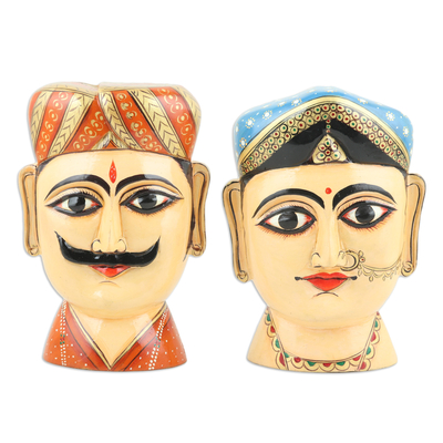 Wood magnets, 'Couple from Rajasthan II' (set of 2) - Set of 2 Traditional Hand-Painted Kadam Wood Magnets