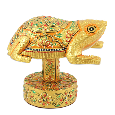 Wood sculpture, 'Golden Frog' - Hand-Painted Good Fortune Golden Frog Sculpture from India