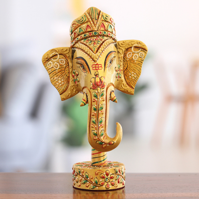 Handcrafted Kadam Wood Ganesha Sculpture in Golden Hues - Supreme