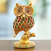 Wood sculpture, 'Palatial Owl' - Hand-Painted Jali Kadam Wood Sculpture of a Golden Owl