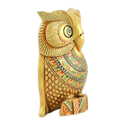 Wood magnet, 'Golden Sage' - Traditional Painted Kadam Wood Magnet of a Golden Owl