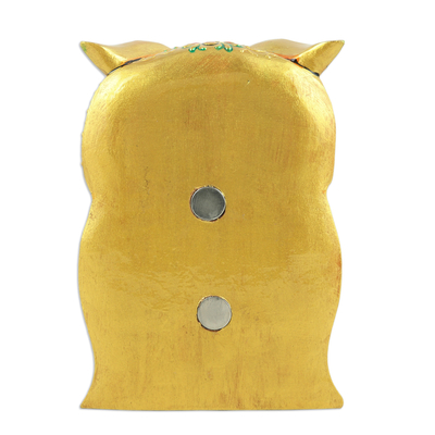 Wood magnet, 'Golden Sage' - Traditional Painted Kadam Wood Magnet of a Golden Owl