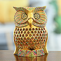 Wood magnet, 'Majestic Sage' - Traditional Jali Kadam Wood Magnet of a Golden Owl