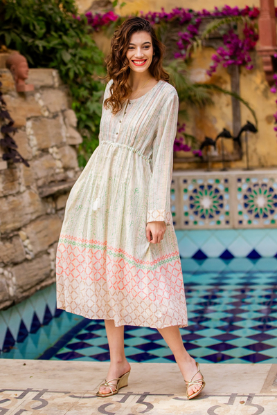 Cotton blend empire waist midi dress, 'Extra Tropical' - Cotton Blend Empire Waist Midi Dress with Tassels from India