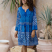 Embroidered cotton A-line dress, 'Heavenly Blue' - Embroidered Blue Cotton Easy-Fit A-Line Dress from India