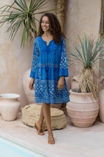 Embroidered cotton A-line dress, 'Heavenly Blue' - Embroidered Blue Cotton Easy-Fit A-Line Dress from India