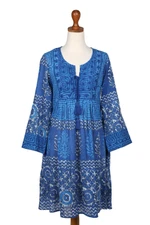 Embroidered cotton A-line dress, 'Heavenly Blue' - Embroidered Blue Cotton Easy-Fit A-Line Dress from India
