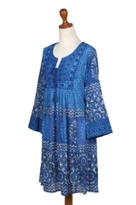 Embroidered cotton A-line dress, 'Heavenly Blue' - Embroidered Blue Cotton Easy-Fit A-Line Dress from India