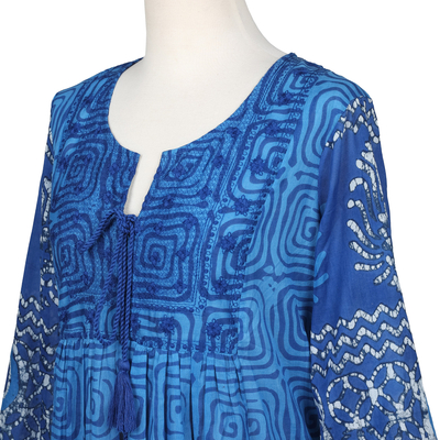 Embroidered cotton tunic dress, 'Cool Blue' - Embroidered Blue Cotton Easy-Fit A-Line Dress from India