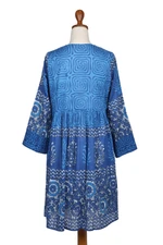 Embroidered cotton A-line dress, 'Heavenly Blue' - Embroidered Blue Cotton Easy-Fit A-Line Dress from India