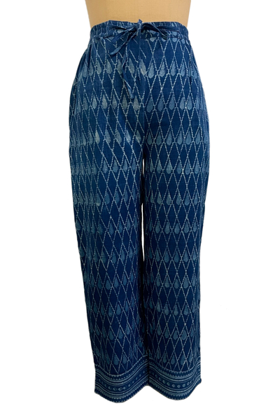 Pantalones de algodón con estampado block - Pantalones de algodón cian y azul con temática de diamantes estampados a mano