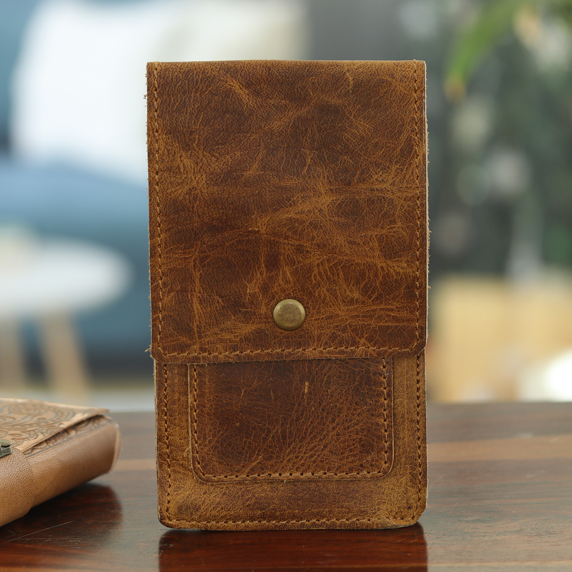 Handcrafted Brown Leather Phone Case with Snap Closure - Secret on