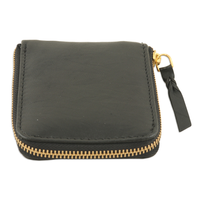 Leather coin purse, 'Midnight Fortune' - Handcrafted Zippered Black Leather Coin Purse from India