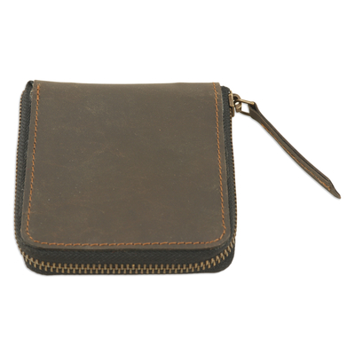 Leather coin purse, 'Coffee Fortune' - Handcrafted Zippered Brown Leather Coin Purse from India
