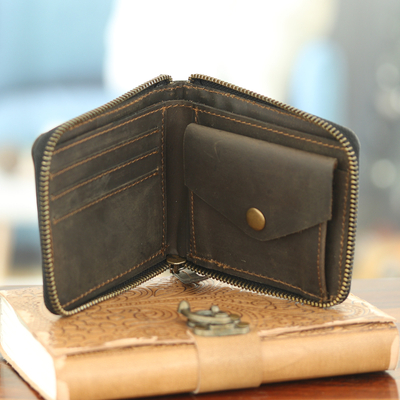 Leather coin purse, 'Coffee Fortune' - Handcrafted Zippered Brown Leather Coin Purse from India